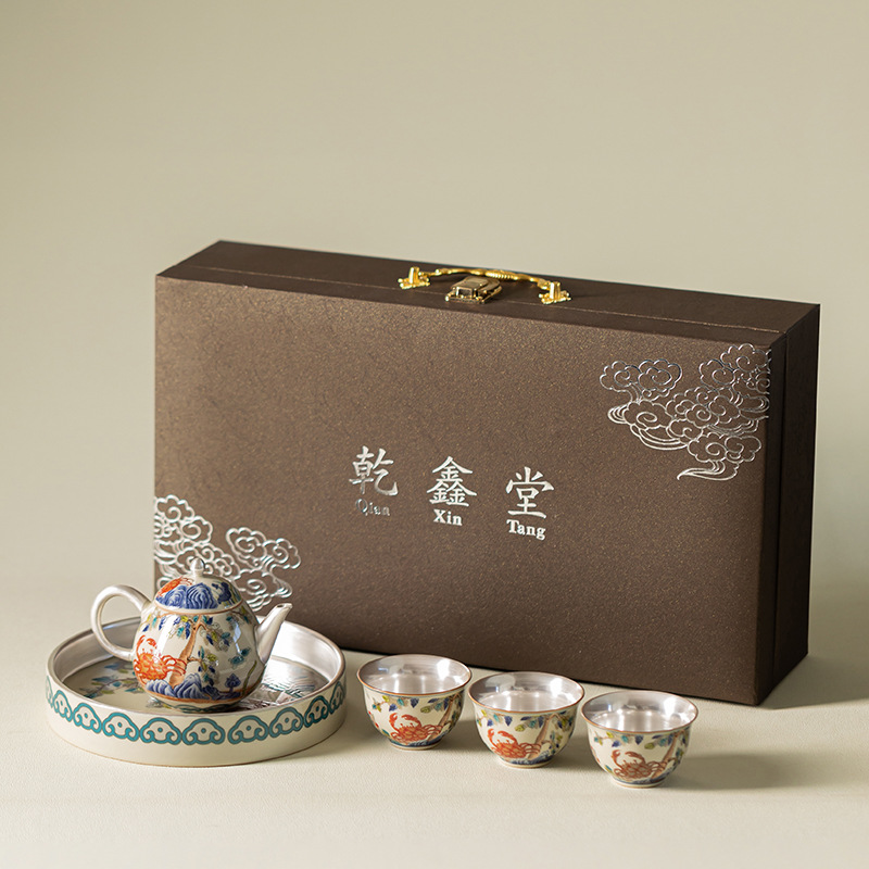 Bộ ấm trà Kung Fu gốm sứ một ấm ba chén cá rồng bạc bạc gia dụng tặng quà cho lãnh đạo và khách hàng