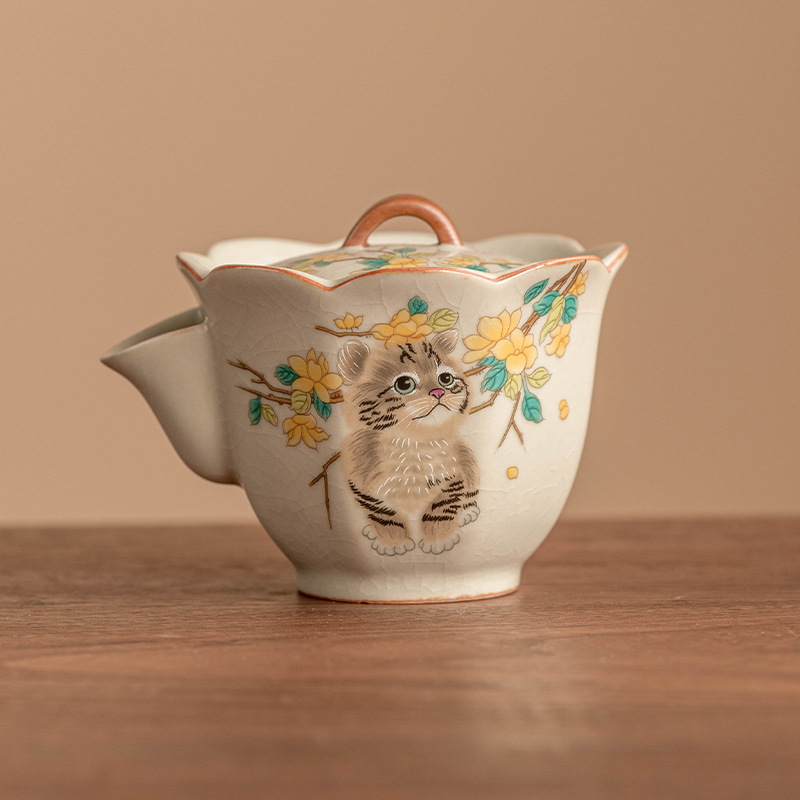 Ấm trà lò Ru Mèo Dễ Thương Hoa vàng vẽ tay ấm đơn Bộ trà Kung Fu cao cấp Trung Quốc ấm trà cầm tay gia dụng có thể mở