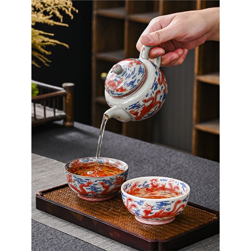 Cốc đôi rồng phượng cổ điển kiểu Trung Quốc cốc chủ nhân sứ trắng xanh bộ trà gốm sứ cốc pha trà dung tích lớn gia dụng cốc đơn bát trà
