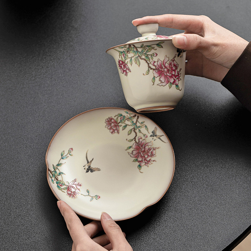Cốc trà cốc trà bát trà hoa mẫu đơn đông mỡ lợn có nắp pha trà sứ gia dụng
