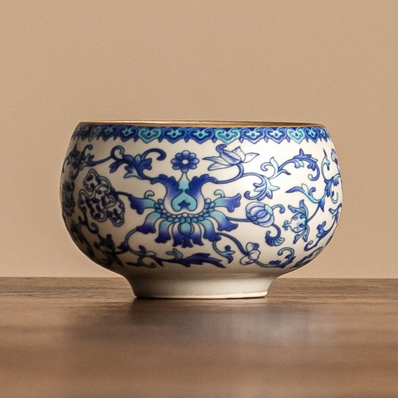 Cốc trà gốm sứ Ruyao cốc chủ nhân cốc trà uống trà gia dụng bộ trà hoa sen xanh trắng bộ trà Trung Quốc cốc La Hán