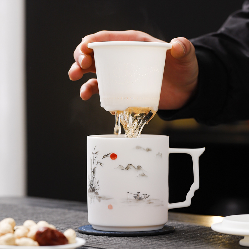 Cốc văn phòng vẽ tay sứ ngọc bích mỡ cừu nướng chay cốc pha trà lọc cốc nước cá nhân gia dụng quà tặng cha mẹ và người lớn tuổi