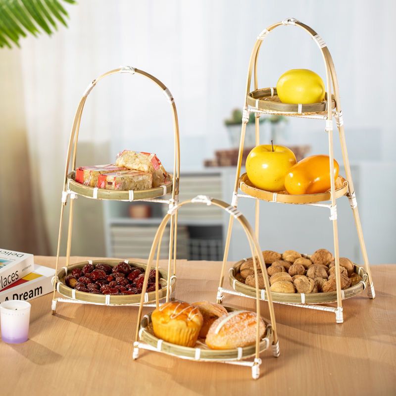 Giỏ đan bằng tre, khay trái cây đan tay, kệ trưng bày nhiều lớp, đựng đồ giải khát, bánh ngọt, giỏ trái cây, giỏ tre, đồ trang trí sáng tạo