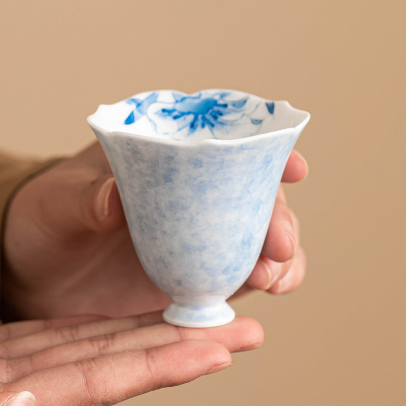 Cốc trà xám thực vật cốc chủ nhân vẽ tay rắc hoa huệ xanh cốc miệng kim cương cốc trà cổ điển Trung Quốc cốc uống trà cốc đơn