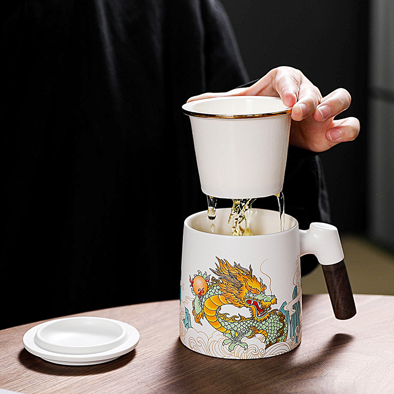 Cốc nước gốm sứ Ruilong Chengxiang cốc ba mảnh tách trà lọc có nắp