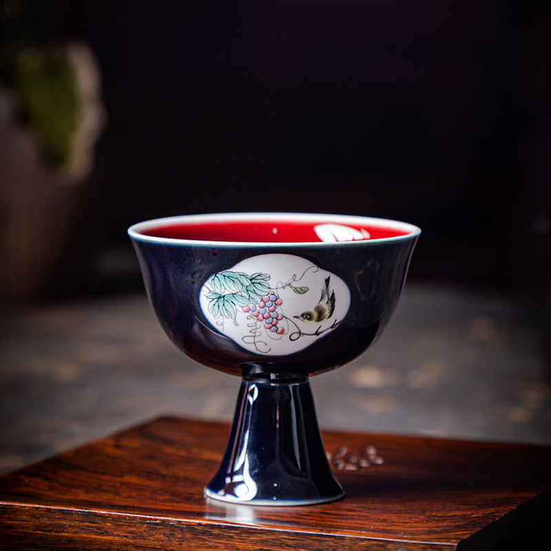 Cốc trà chân cao tráng men vẽ tay cửa sổ hoa chim cốc chủ nhân gốm sứ cốc đơn cá nhân bộ trà Kung Fu cốc trà cổ điển