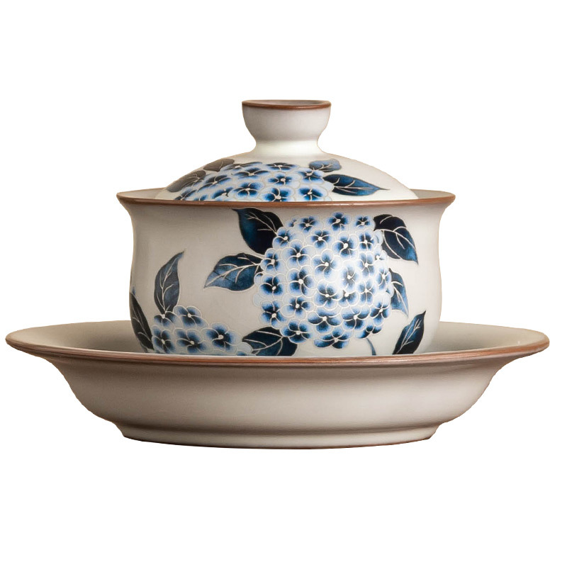 Cốc trà có nắp đậy Ruyao Sancai Cốc trà mỡ lợn đông lạnh Ruqing hoa cẩm tú cầu sứ Ru Bát trà có nắp chống bỏng Một bát hai cốc