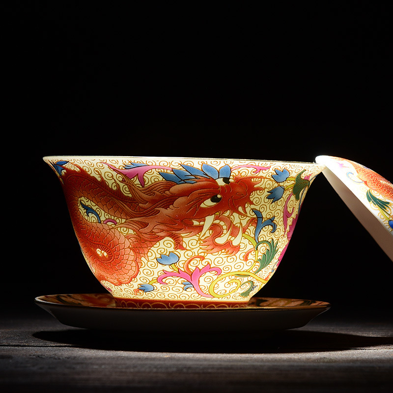 Bát có nắp tam tài tráng men một cốc trà bát trà gốm sứ bộ trà kungfu bát trà long phượng cổ điển gia dụng