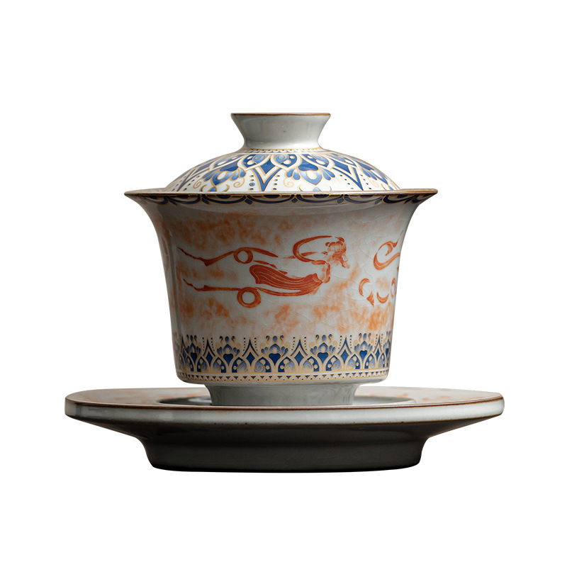 Mô phỏng bát nắp móng ngựa lớn lò Song Ru, bát nắp Đôn Hoàng Feitian Sancai, bộ trà Kung Fu gia dụng, bát pha trà đơn chống bỏng