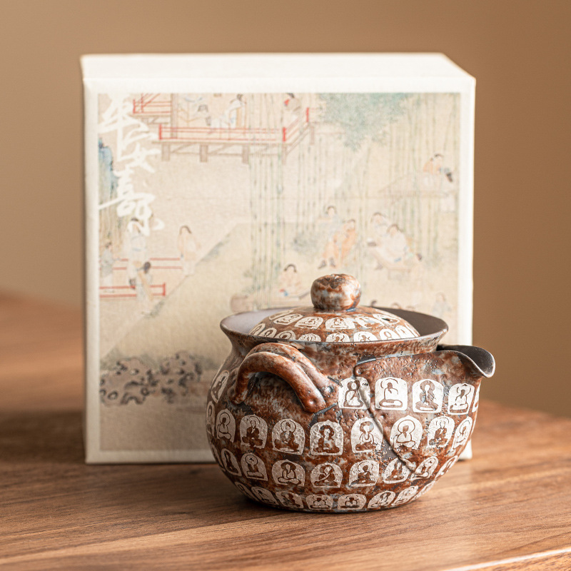 Ấm trà cầm tay Vạn Phật mạ bạc Ấm trà lọc chống bỏng Bộ trà Kung Fu cổ điển Trung Quốc Ấm Đơn gốm sứ cao cấp có nắp