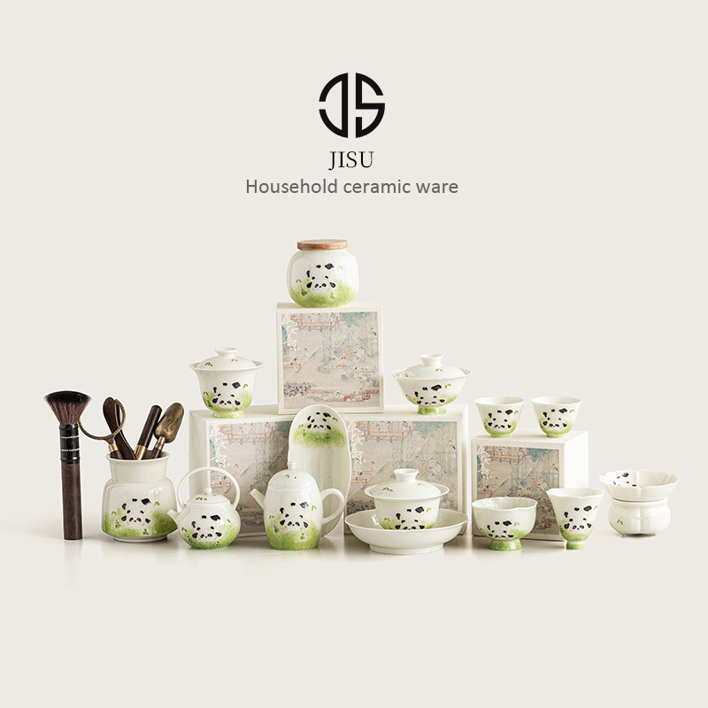 Vẽ tay gấu trúc chơi thế giới cốc trà nắp bát trà biển ấm trà phụ kiện trà đạo bộ trà sứ gia dụng kungfu đơn