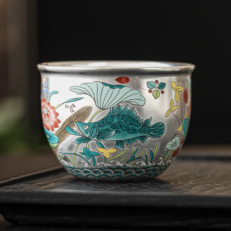 Cốc trà mạ bạc 999 cốc chủ nhân cao cấp cá chơi sen hồ thẳng cốc trà cốc trà chuyên dụng cốc trà cốc đơn