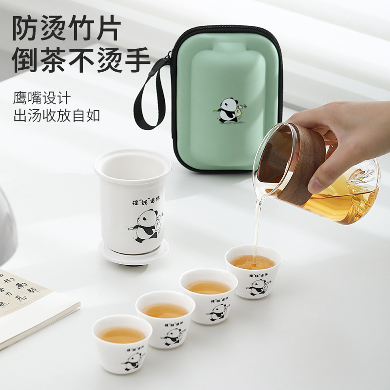 Bộ ấm trà du lịch bằng thủy tinh gấu trúc, ấm trà di động, cốc khách nhanh chuyên dụng cá nhân kiểu mới 2024, cốc uống trà