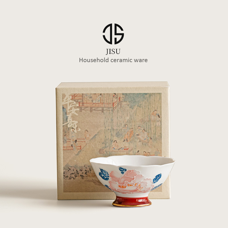 Cốc miệng hoa mẫu đơn vẽ tay cốc trà gốm sứ gia dụng cốc chủ nhân cốc trà Kung Fu cốc trà hộp quà