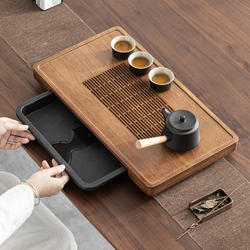 Khay trà tre nặng, bàn trà pha khô gia dụng cỡ nhỏ, ngăn kéo đơn giản kiểu Trung Quốc, ngăn hút nước, nguyên khối Bộ trà biển, khay