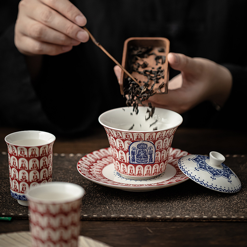 Đôn Hoàng Ngàn Phật sứ trắng có nắp, Bát pha trà gốm sứ gia dụng, Bát tam tài cỡ nhỏ, cốc trà kính, Bộ trà Kung Fu văn hóa và sáng tạo