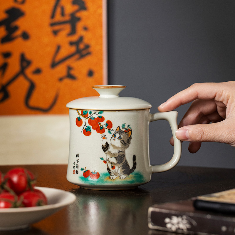 Cốc trà gốm sứ mèo dễ thương dưới hồng Ru Kiln cốc cốc nước có nắp cốc gia dụng
