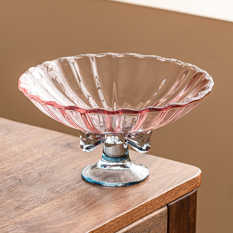 Cổ cao thắt nút đĩa trái cây lớn, bàn cà phê phòng khách, đĩa giải khát đồ ăn nhẹ gia dụng, đĩa bày trí giá trị cao, đĩa đựng trái cây thủy tinh, đĩa cống