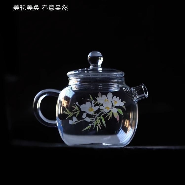 Ấm Trà chống bỏng thủy tinh dày trà xanh tay cầm bên hông dụng cụ pha trà dung tích nhỏ có lọc Tay cầm dụng cụ pha trà cao cấp Quà Tặng