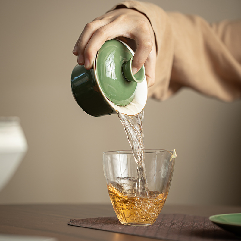 Bát Có Nắp 3 ngăn rộng tráng men xanh Bộ trà Kung Fu gốm đơn dùng trong gia dụng kiểu Nhật Bát pha trà cốc trà cỡ lớn