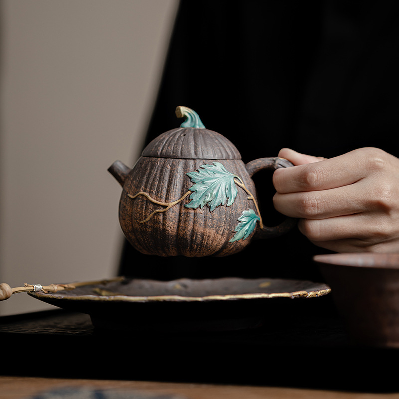 Ấm trà bí đỏ bùn đá cũ ấm trà dụng cụ pha trà kungfu cổ điển văn phòng gia dụng ấm trà gốm sứ ấm đơn hộp quà