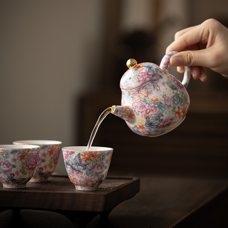 Bộ ấm trà 6 đầu tráng men, ấm trà, cốc trà, lư hương, đồ trà gốm sứ, quà tặng khách hàng