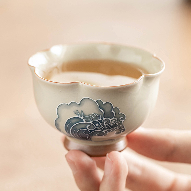 Cốc nụ hoa sóng chạm khắc xếp chồng cốc trà vẽ tay kiểu Trung Quốc cốc chủ nhân bộ trà gốm sứ đơn giản hộp quà tặng chén trà Kung Fu