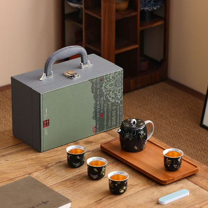 Khay trà bốn tách tráng men đen, bộ trà du lịch, cốc trà có nắp, dụng cụ pha trà Kung Fu, quà tặng ngày lễ