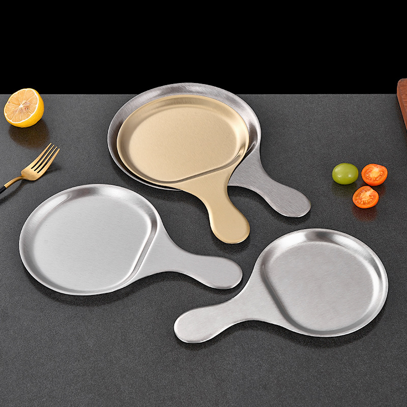 Đĩa tròn inox 304 có tay cầm đựng bít tết - khoai tây chiên - thức ăn nhanh, decor cho nhà hàng PBCP33T