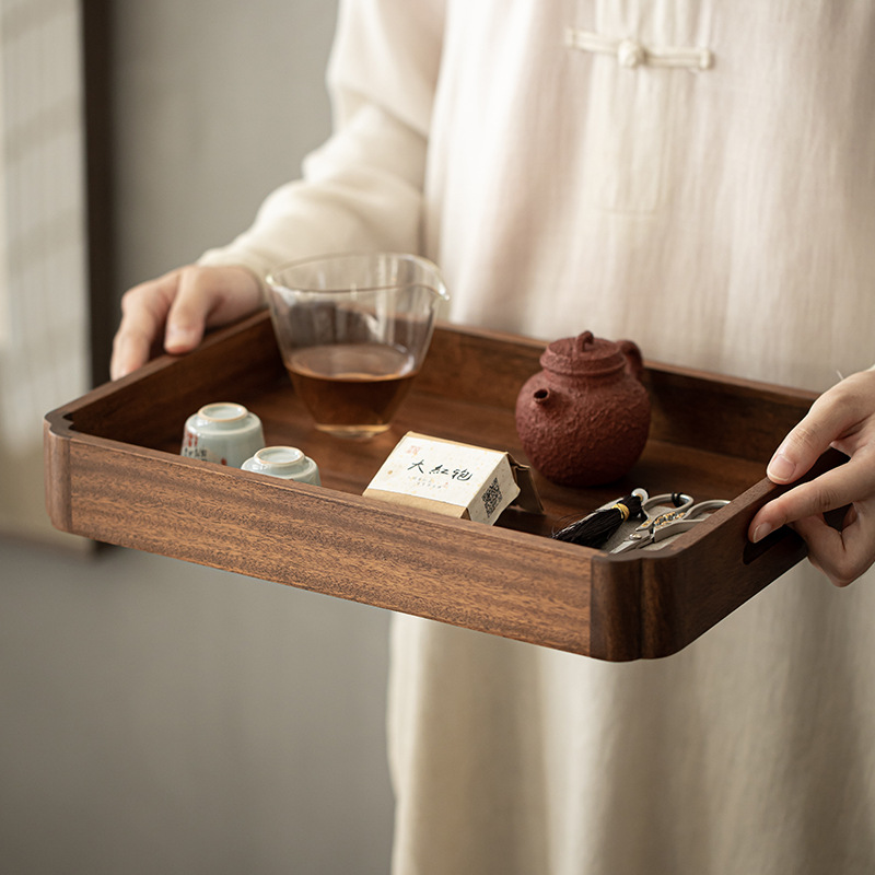 Khay trà Gỗ Óc Chó đen Gia dụng khay hình chữ nhật gỗ rắn Bộ trà gỗ sáng tạo khay đựng trà khay đựng đồ dùng cho bữa ăn