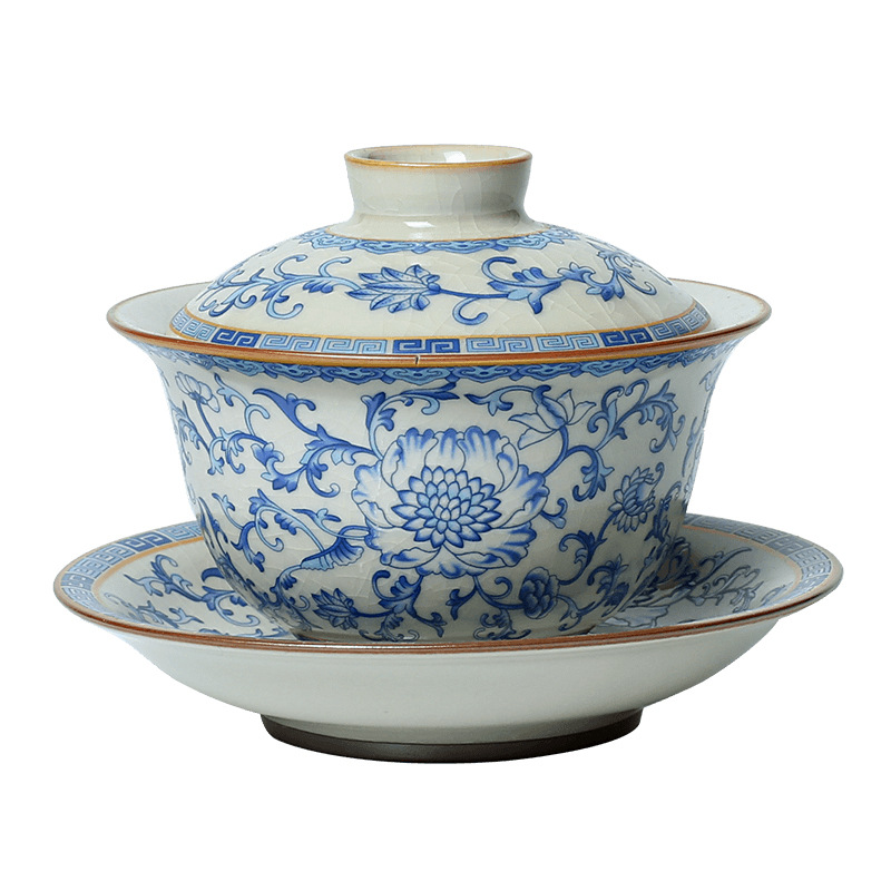 Cốc trà bát có nắp ba lò Ru mẫu mới 2025 cốc trà Kung Fu cao cấp một tay không nóng cốc tráng men xanh trắng