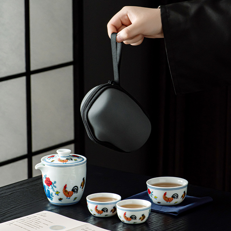 Cốc cốc đựng gà Doucai Bộ trà du lịch di động bình ngoài trời một ấm Ba cốc nhanh ấm pha trà Bộ trà kinh doanh bán buôn
