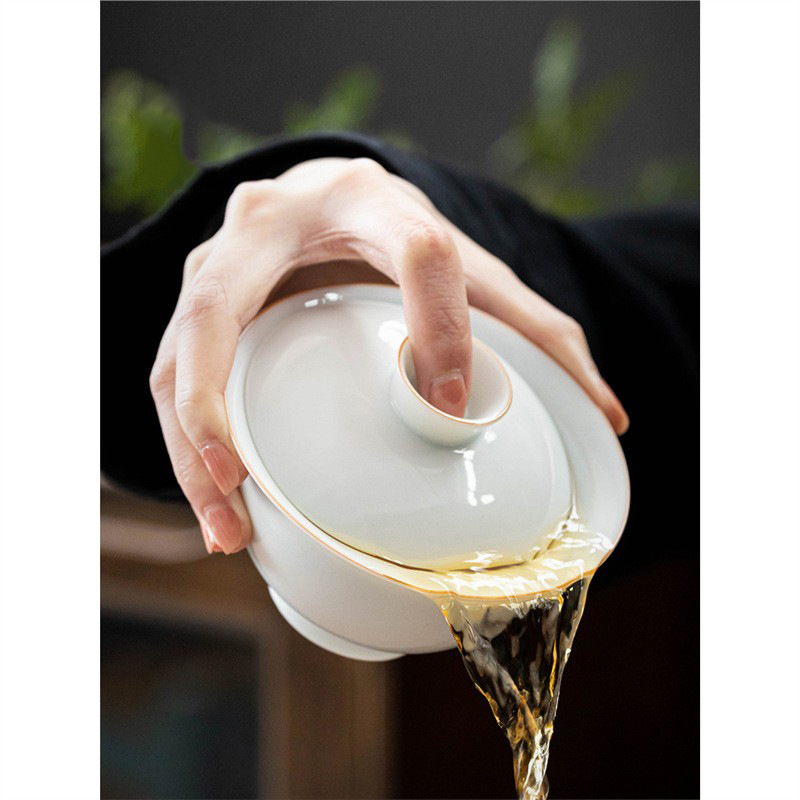 Lốp mỏng lớn có nắp ba cái bát đơn cao cấp Dehua không nóng tay bán buôn bộ trà gốm sứ Kung Fu