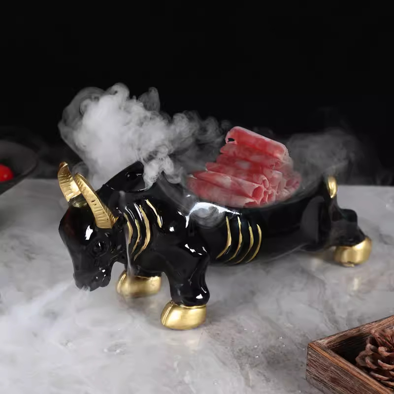 Đĩa Bộ đồ ăn đầu bò, thịt cừu và thịt bò, đĩa, Nhà hàng Lẩu nổi tiếng trên mạng, đá khô thương mại, bầu không khí sáng tạo, đặc điểm Mông Cổ