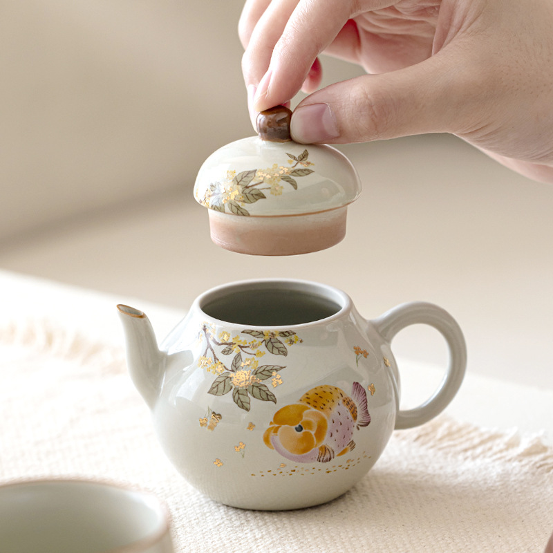 Ấm hình cá osmanthus vàng xám cỏ phong cách Trung Quốc ấm hình ảnh ấm trà gốm sứ gia dụng bộ trà Kung Fu ấm trà Trung Quốc quà tặng