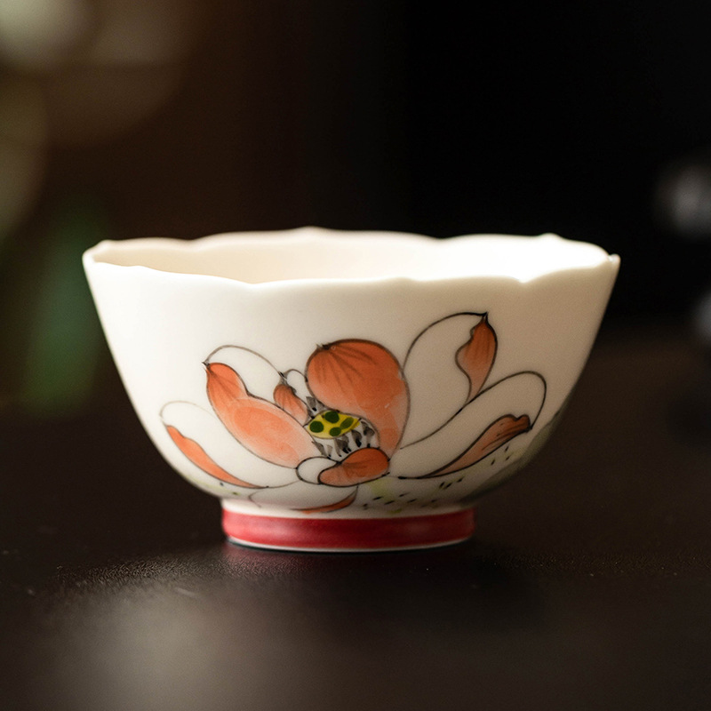 Cốc trà gốm sứ màu hồng vẽ tay hoa sen miệng bát cốc cao cấp cốc chủ nhân lớn tách trà chuyên dụng tách trà cốc đơn