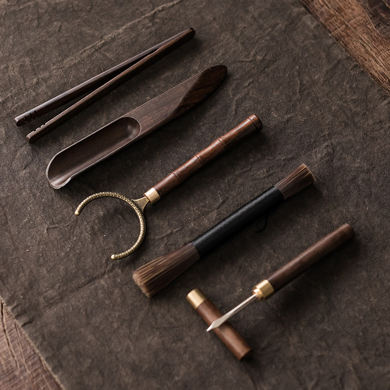 Bộ sáu quý ông trà đạo bằng gỗ mun phụ kiện trà đạo cao cấp 6 kẹp Trà Quý ông dao Trà thìa dụng cụ trà không