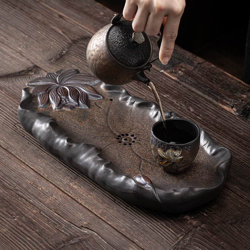 Khay trà Yiyiqinglian khay trà tráng men sắt mạ vàng kiểu Nhật, ngăn chứa nước và thoát nước gia dụng, Khay trà bàn trà