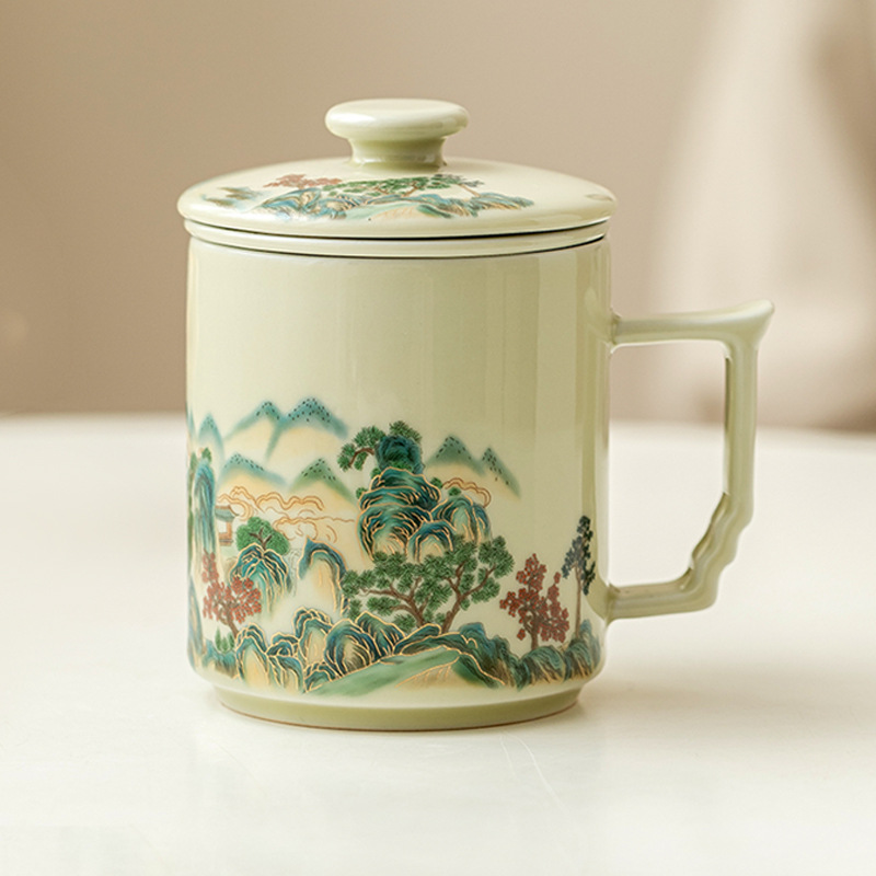 Cốc pha trà phong cảnh tráng men màu vàng bí mật cốc chuyên dụng cá nhân cốc tách nước trà có nắp cốc văn phòng gốm sứ Trung Quốc