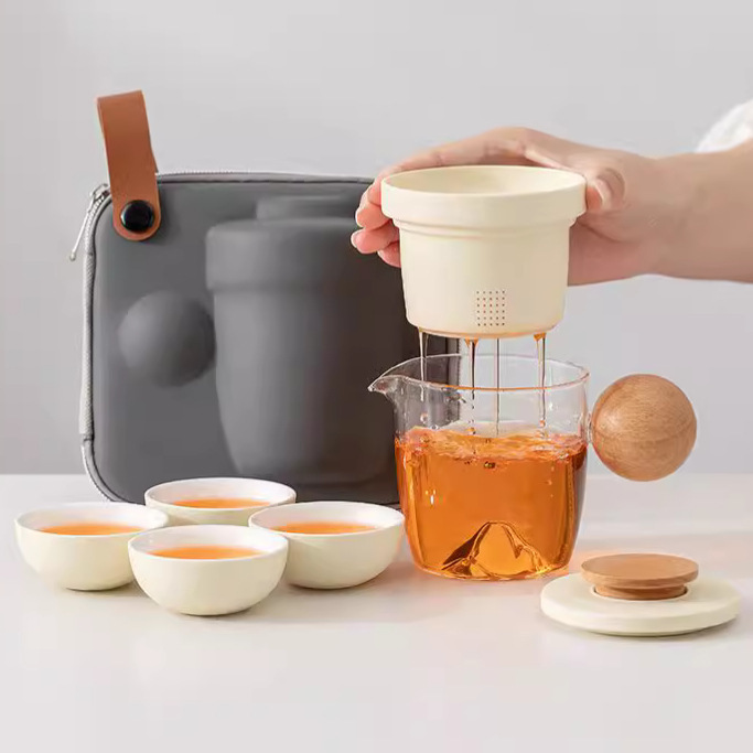 Ấm trà di động cắm trại nhanh ngoài trời, bộ kem du lịch thủy tinh, bộ đồ trà bốn cốc gốm sứ, một ấm trà phong cách, cốc khách