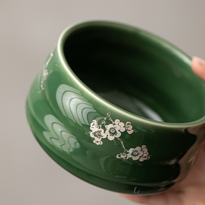 Bát Matcha nửa mặt có ren kiểu Nhật, bình trà sứ xanh, bàn chải trà đứng, dụng cụ làm trà, phụ kiện trà đạo