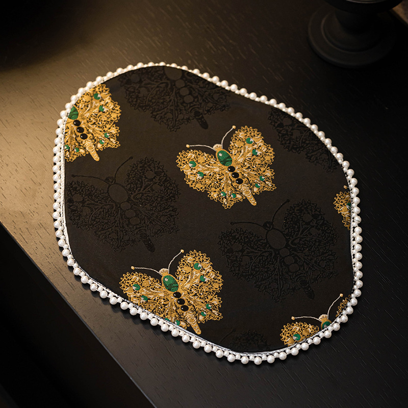 Thảm trà thổ cẩm vàng đen bướm khăn trà vải thủ công chống bỏng cách nhiệt bàn thảm hai mặt thảm trà trà phụ kiện