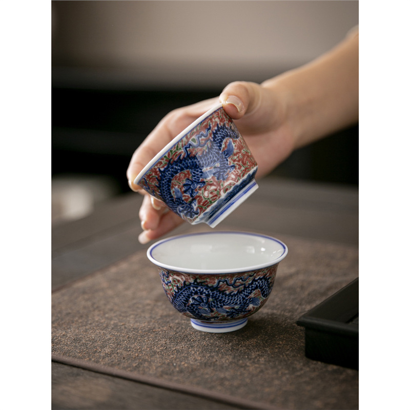 Cốc trà gốm sứ tráng men rồng xanh trắng cổ điển cốc trà Kung Fu chuyên dụng gia dụng cốc trà Kung Fu