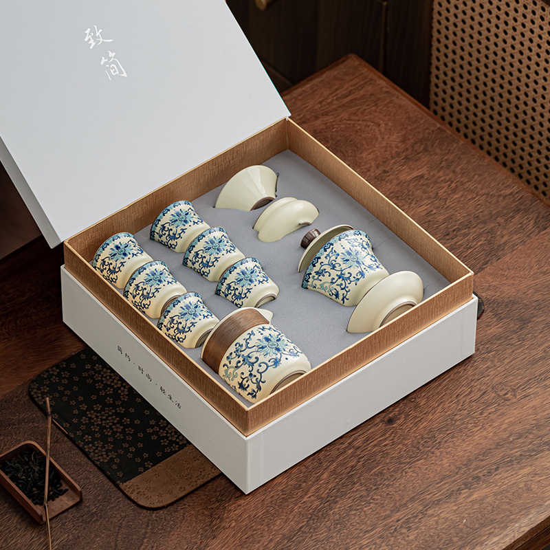 Bộ ấm trà Youfu màu xanh và trắng Ru Kiln Bộ ấm trà Trung Quốc gia dụng Bộ ấm trà có thể nâng cốc trà Bộ ấm trà Kung Fu