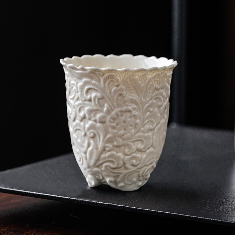 Cốc hương hoa mẫu đơn ba chân xám thực vật, cốc trà gốm sứ, cốc chủ nhân, cốc đơn, bộ trà Kung Fu, tách trà, tách trà