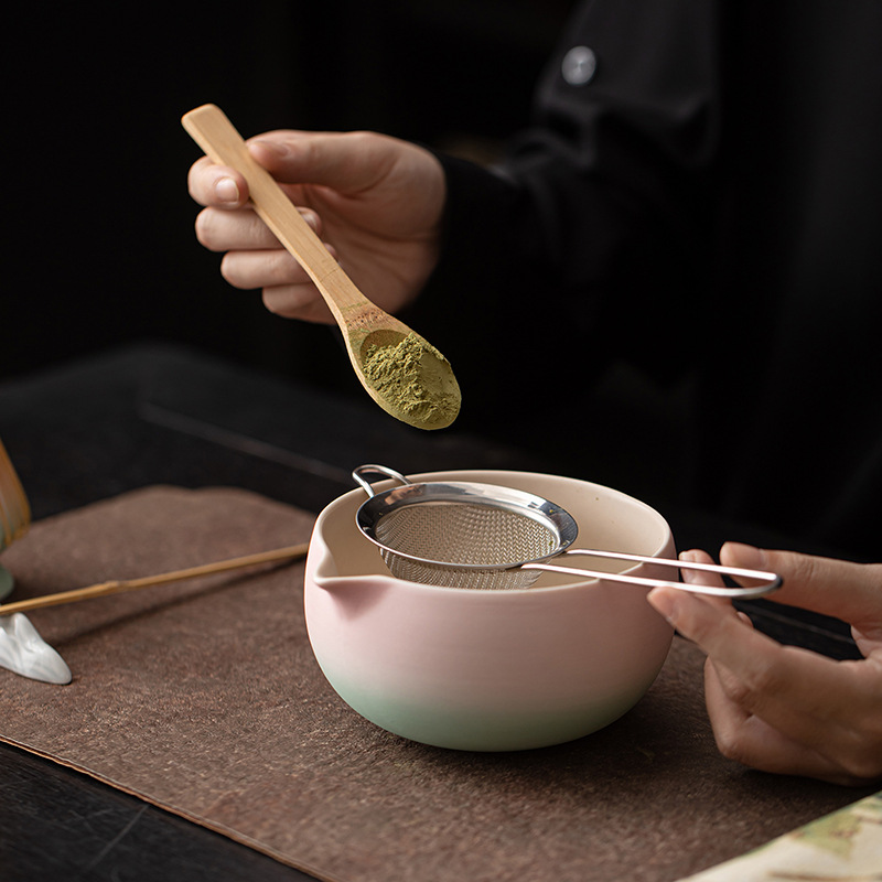 Bộ tám món matcha màu hồng và xanh lá cây gradient, bát matcha, bát matcha, dụng cụ pha trà thời nhà Tống, máy đánh trà bằng gốm, sàng bột 100 mảnh