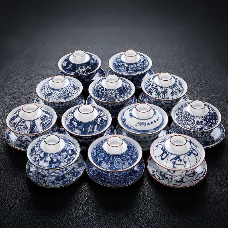 Sancai có nắp bát gốm sứ có nắp bát trà cốc trà Kung Fu trà bát trà màu xanh và trắng tách trà cá nhân cổ điển