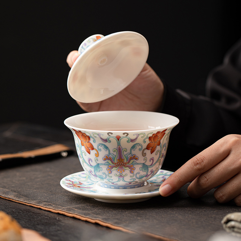 Bát có nắp tam tài sứ trắng Dehua cốc trà kính một chiếc lơ lửng bộ trà gốm sứ Kung Fu màu xanh và trắng nắp bát pha trà lơ lửng