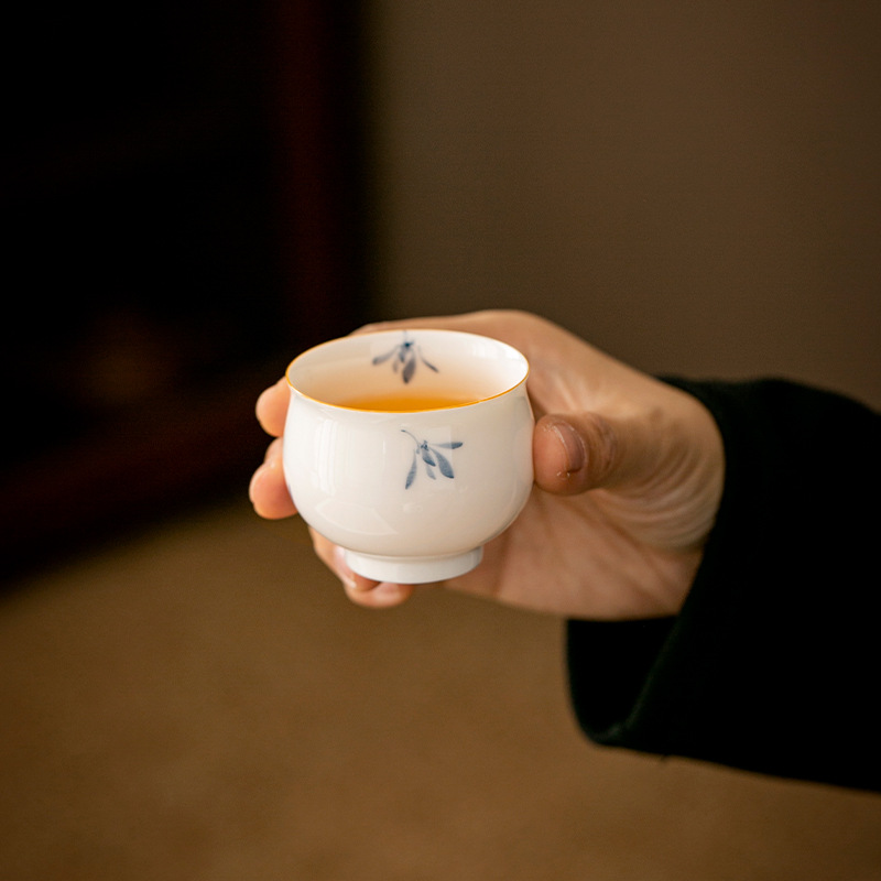 Cốc trà sứ trắng hoa lan vẽ tay bộ trà sứ công phu tráng men màu cốc chủ nhân cốc đơn sứ trắng cốc trà gia dụng