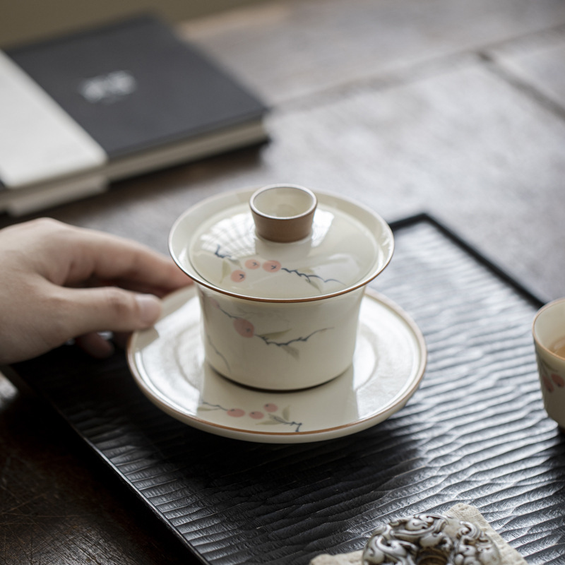 Bát ba tài vẽ tay tráng men màu hồng hồng Ruyi dụng cụ pha trà Kung Fu cao cấp Trung Quốc gia dụng bát trà gốm sứ